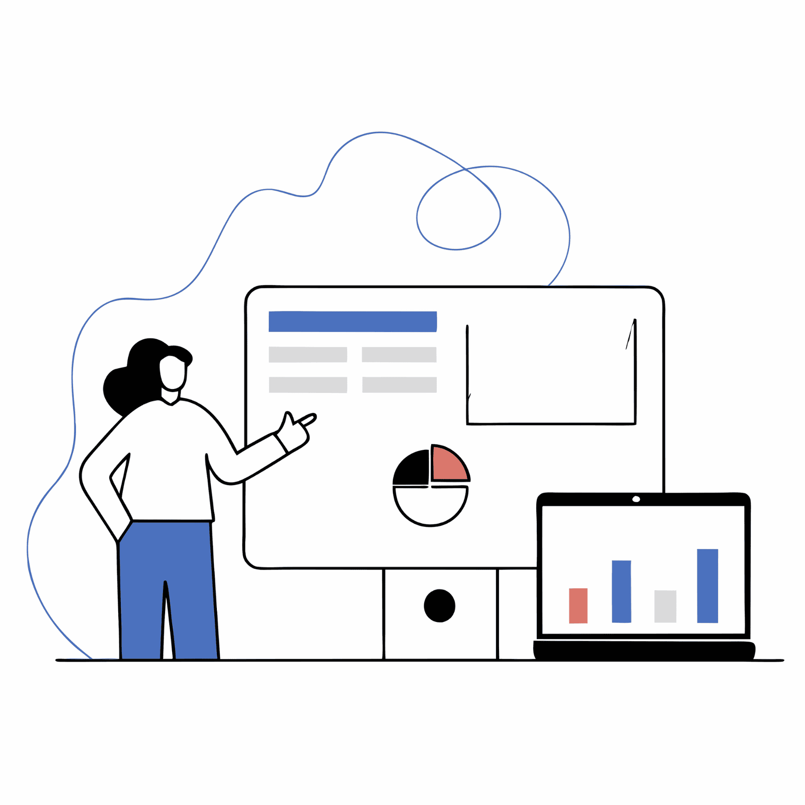 Illustration of a person analyzing data on a large screen and a laptop, showing graphs and charts