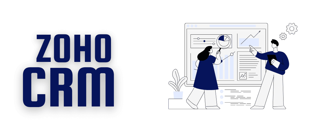 "Illustration of two people analyzing data on a large board displaying charts and graphs.