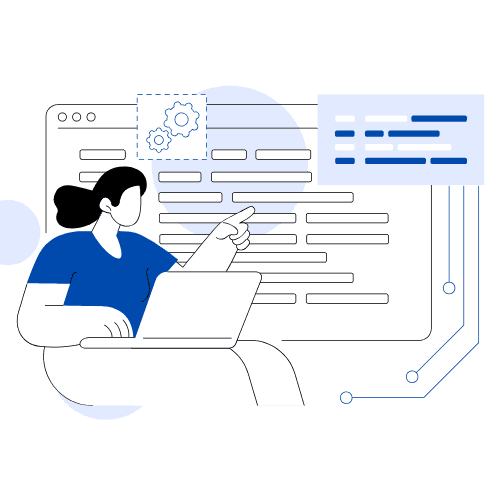 Illustration of a person on a laptop showing process images behind her.